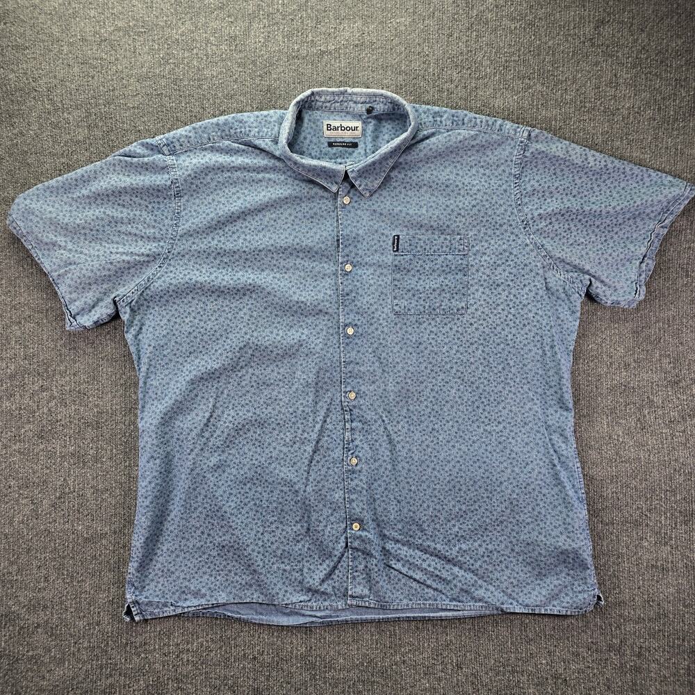 Barbour Shirt Mens XL Blue Chambray Button Up Short Sleeve Pocket Mini Palm Tree